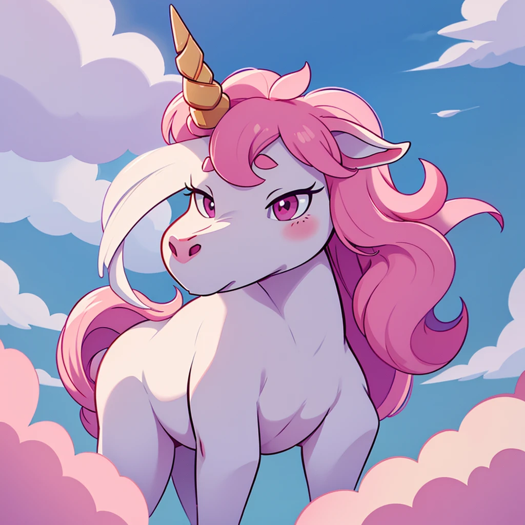 a unicorn with a white body and a small pink mane with just one horn in the middle of its head and very cute, just a simple unicorn 