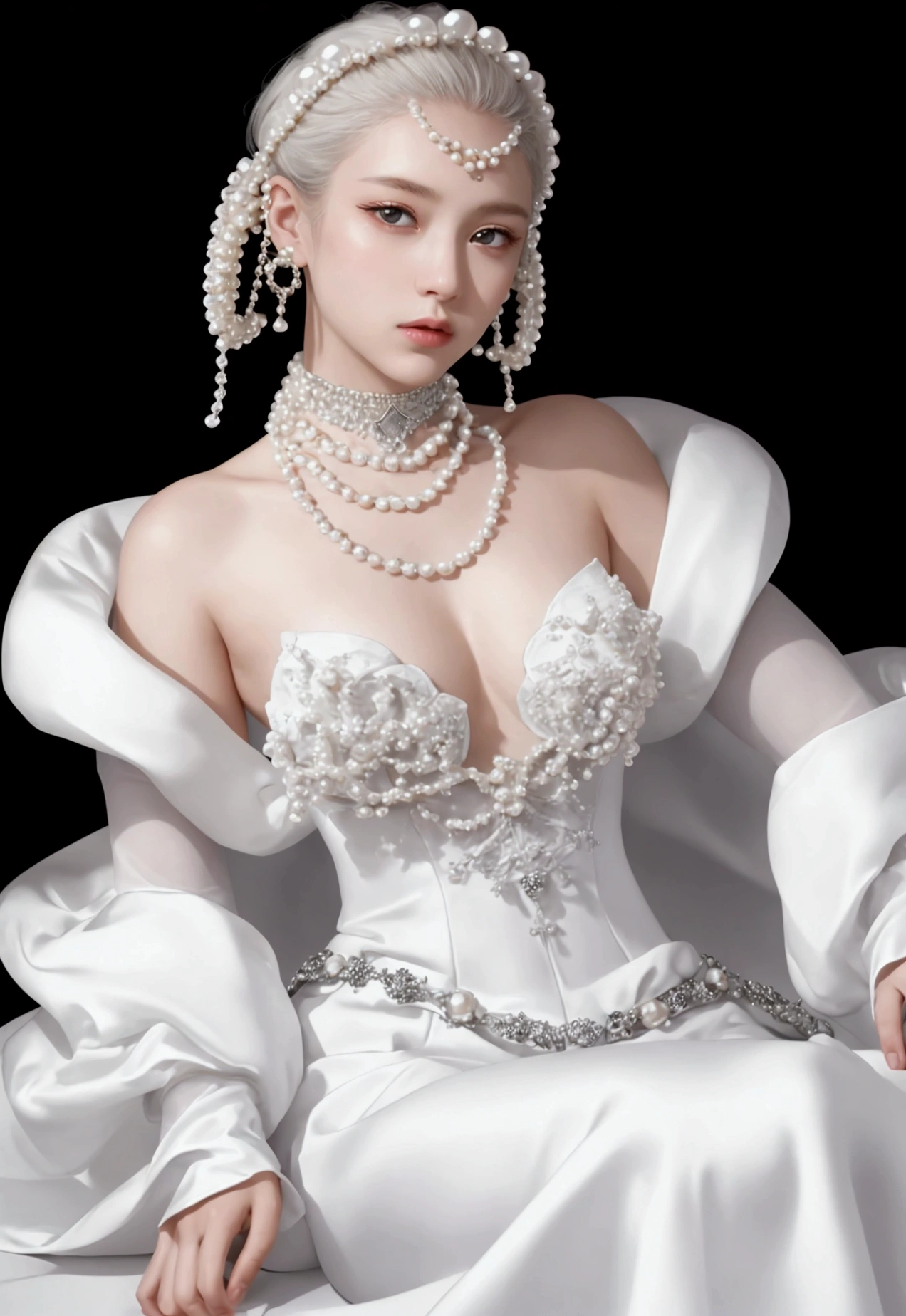 Simple white background, a male ager, wearing a white shirt, sitting on a huge pearl, a huge white pearl. a fashion design of a pearl dress, a model wearing pearl earrings posing with pearls hair in dress with pearls, fashion design, exaggerate position, futuristic magazine cover, Dynamic movements, exastanding, full-body, solid background, in the style of baroque-punk, multi-layered, imitated material, meticulous design —ar 3:4 —niji 6