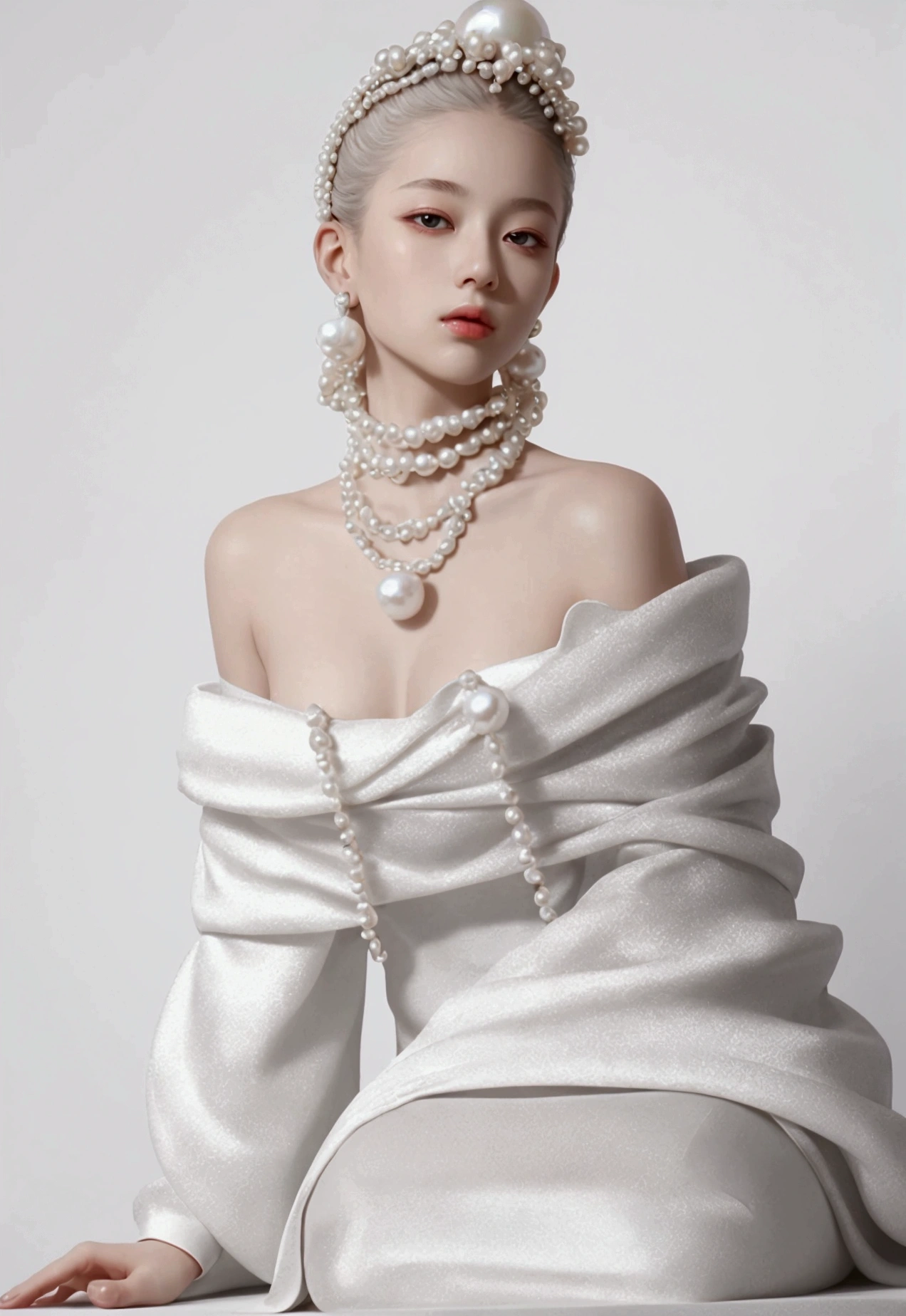 Simple white background, a male teenager, wearing a white shirt, sitting on a huge pearl, a huge white pearl. a fashion design of a pearl dress, a model wearing pearl earrings posing with pearls hair in dress with pearls, fashion design, exaggerate position, futuristic magazine cover, Dynamic movements, exastanding, full-body, solid background, in the style of baroque-punk, multi-layered, imitated material, meticulous design —ar 3:4 —niji 6