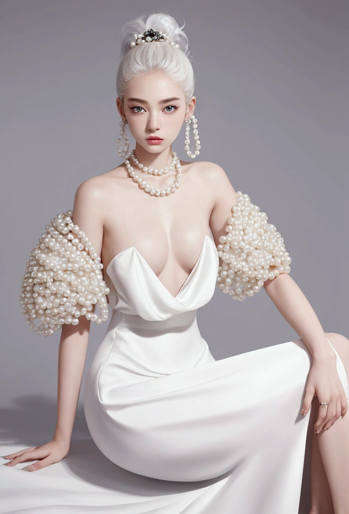 Simple white background, a male teenager, wearing a white shirt, sitting on a huge pearl, a huge white pearl. a fashion design of a pearl dress, a model wearing pearl earrings posing with pearls hair in dress with pearls, fashion design, exaggerate position, futuristic magazine cover, Dynamic movements, exastanding, full-body, solid background, in the style of baroque-punk, multi-layered, imitated material, meticulous design —ar 3:4 —niji 6