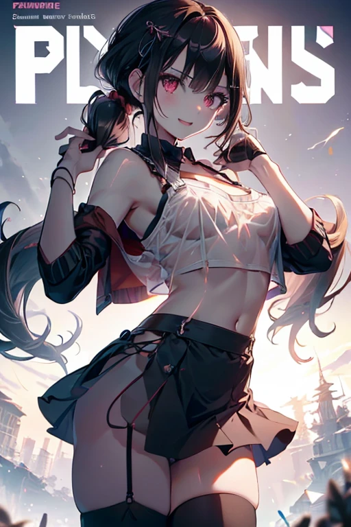 (small breasts:1.2), (perky chest:1.2), (pointed chest:1.2), (Pudding cake magazine cover:1.3),(from above:1.0),(shoot from the side:1.1),masterpiece, 1girl, Amazing Cleavage:1.1, thin waist, optimum,tmasterpiece,hight resolution,best qualtiy,hyper HD,super detailing,awardwinning,a 18yo cute girl,(The upper part of the body),anatomy correct,Beautiful Black miniskirt,garters,Gaze,Small face,bangss,holster,Beautuful Women,hands up,leg holster,Gaze,black boots,Cowboy Shot,cute face,a blond,Longhaire,Twin-tailed,Braids, Hairline,（scarlet eyes）,long eyelasher,Hanging eye corners,White skin of the, ((see through camisole:1.1)), ((Sheer nipples:1.0)),Rocket Tits,(Slim body),smile,seductive weak smiling,(with sparkling eyes and a contagious smile),little open mouth, Looking at Viewer, 