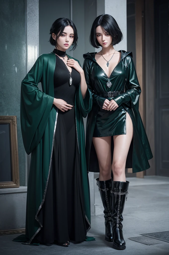 The character has short, straight black hair., emerald green eyes, is of average height and has a confident posture. She wears a dark robe with silver details., sturdy boots and carries a necklace with a small shining crystal.