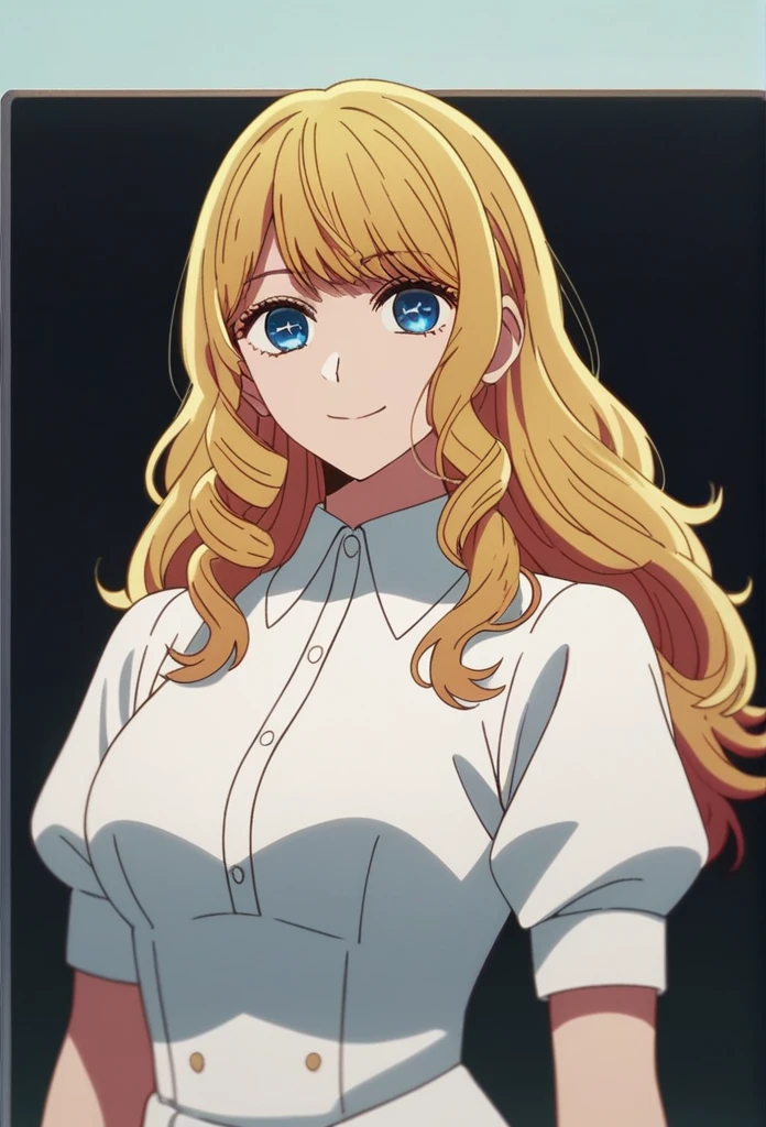 oshi_no_ko_style,blonde curls,sidecurls,fringe bangs,blue eyes,long eyelashes,cowboyshot,standing,,soft smile,long hair,masterpiece,highres,absurdres,white puffy short sleeves,collared dress,suspender dress,solo,
