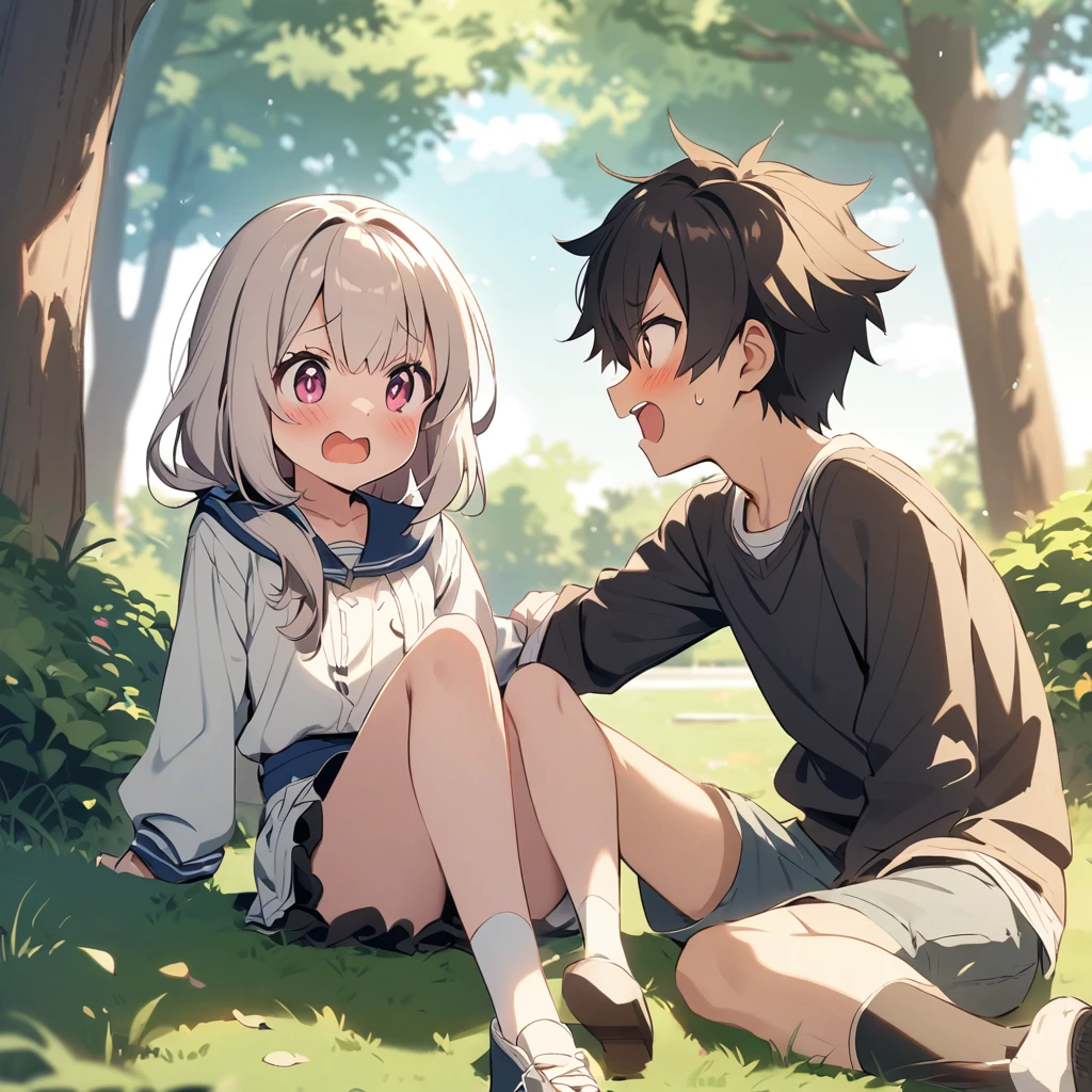 A best friend boy and girl seat in a park and cute fight