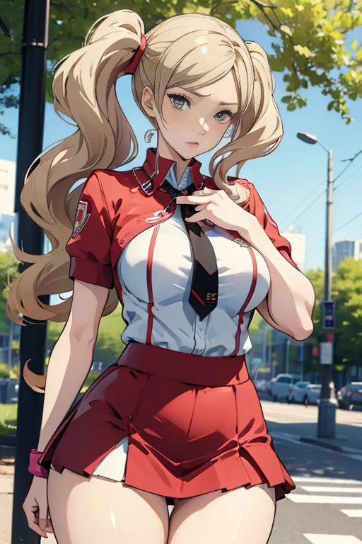 (((masterpiece))), HD 4k res image, no blur, Ann Takamaki, innocent, outdoor, wearing mini skirt, Thick thighs