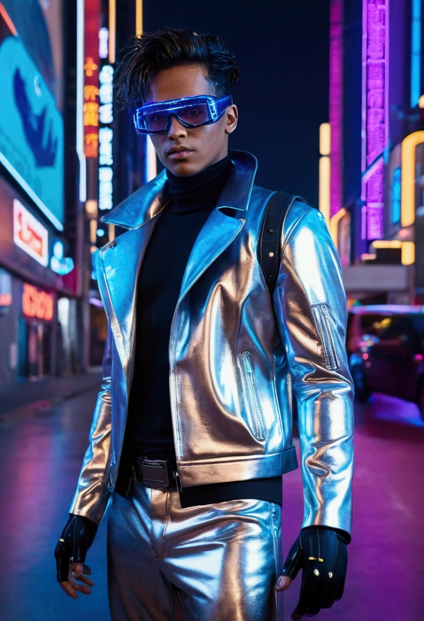 Imagine a stylish young man of approximately 25 years old, with a confident attitude and a penetrating gaze. He is wearing a silver metallic leather coat with shiny geometric lines that reflect the neon lights around him.. Under the coat, he wears a fitted black t-shirt with LED accents that flash blue and purple. Your pants are made of a technological fabric, adjusted to the body, with holographic inserts that change color as he moves. on the feet, black leather boots with thick soles and luminous details.
Its accessories are equally futuristic: augmented reality glasses with transparent lenses and illuminated edges, leather gloves with integrated circuits and a compact metallic backpack that looks straight out of a science fiction film. Her hair is styled with an asymmetrical cut and touches of neon color at the ends..
The scenery around you is a vibrant cyberpunk environment, with tall skyscrapers decorated with neon advertisements in varying languages, narrow and busy streets, and a slightly smoky atmosphere. Neon lights in shades of blue, purple and red reflect off metal and glass surfaces, creating a stunning and immersive visual effect. Floating cars pass over the horizon and drones fly overhead, adding an even more futuristic touch to the scene.