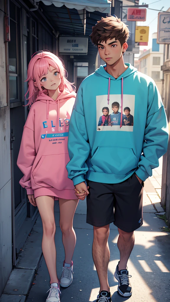 boy and girl holding hands. The boy in the blue sweatshirt and the name written text "Abel" written on the sweatshirt and the girl in the pink sweatshirt with the name Estela, 3d render