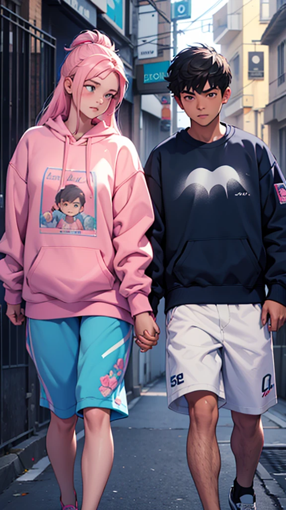boy and girl holding hands. The boy in the blue sweatshirt and the name written text "Abel" written on the sweatshirt and the girl in the pink sweatshirt with the name Estela, 3d render