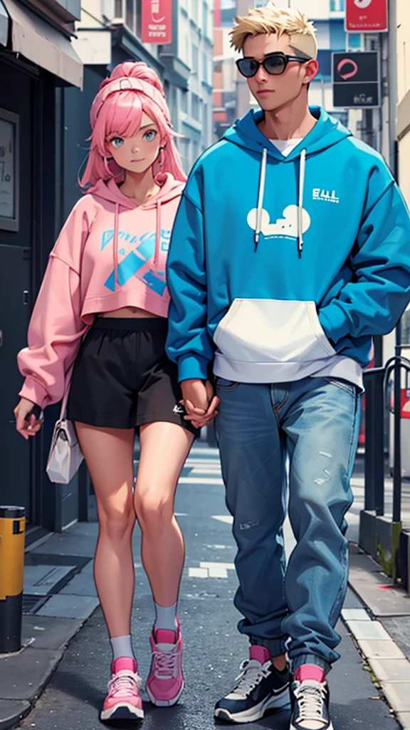 boy and girl holding hands. The boy in the blue sweatshirt and the name written text "Abel" written on the sweatshirt and the girl in the pink sweatshirt with the name Estela, 3d render