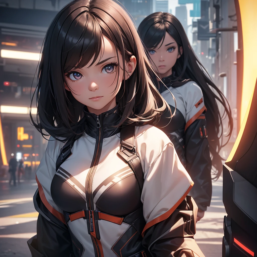 detailed portrait of a young woman, 1girl, looking slightly mischievous, long black hair, brown eyes, futuristic outfit, futuristic background, (best quality,4k,8k,highres,masterpiece:1.2),ultra-detailed,(realistic,photorealistic,photo-realistic:1.37),HDR,UHD,studio lighting,ultra-fine painting,sharp focus,physically-based rendering,extreme detail description,professional,vivid colors,bokeh,concept art