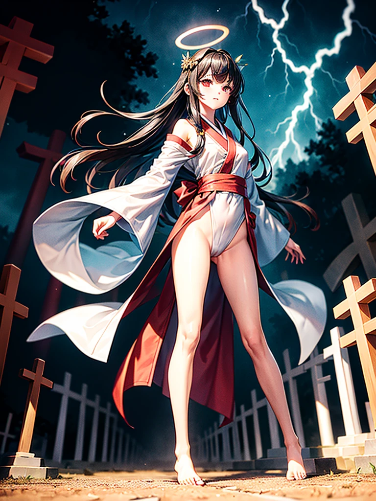 Highest Resolution,Highest quality,A beautiful girl with no expression in a white kimono leotard,Black eyeliner,Black eyebrows,High leg,Floating in the air,Very beautiful red eyes,Black hair semi-long hair,Halo,thunderstorm,Bad weather,Japanese Cemeteries,A road lined with gravestones,1Two Red Torii Gates,Company,Bamboo grove,lightning,Lightning strikes,whole body,up,front,barefoot,barefoot,