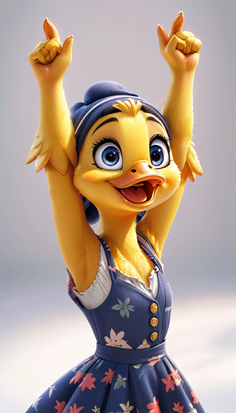cute duck, cartoon , arms, hands ,cute eyes, looking at viewer, arms up, french clothes, flawless, white background, 