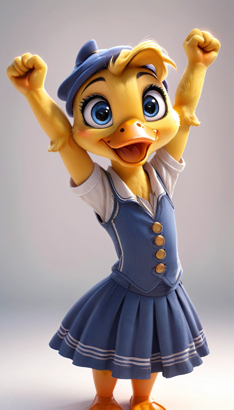 cute duck, cartoon , arms, hands ,cute eyes, looking at viewer, arms up, french clothes, flawless, white background, 