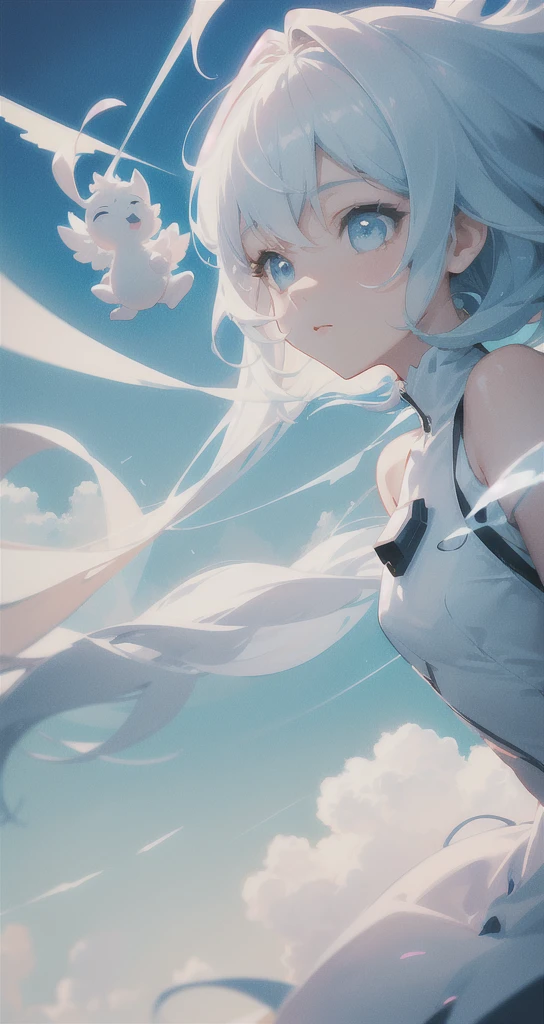 masterpiece, best quality, movie still, 1girl, floating in the sky, cloud girl, cloud, (close-up:1.1), bright, happy, fun, soft lighting, (Bauhaus, shapes, lines, abstract:1.1)