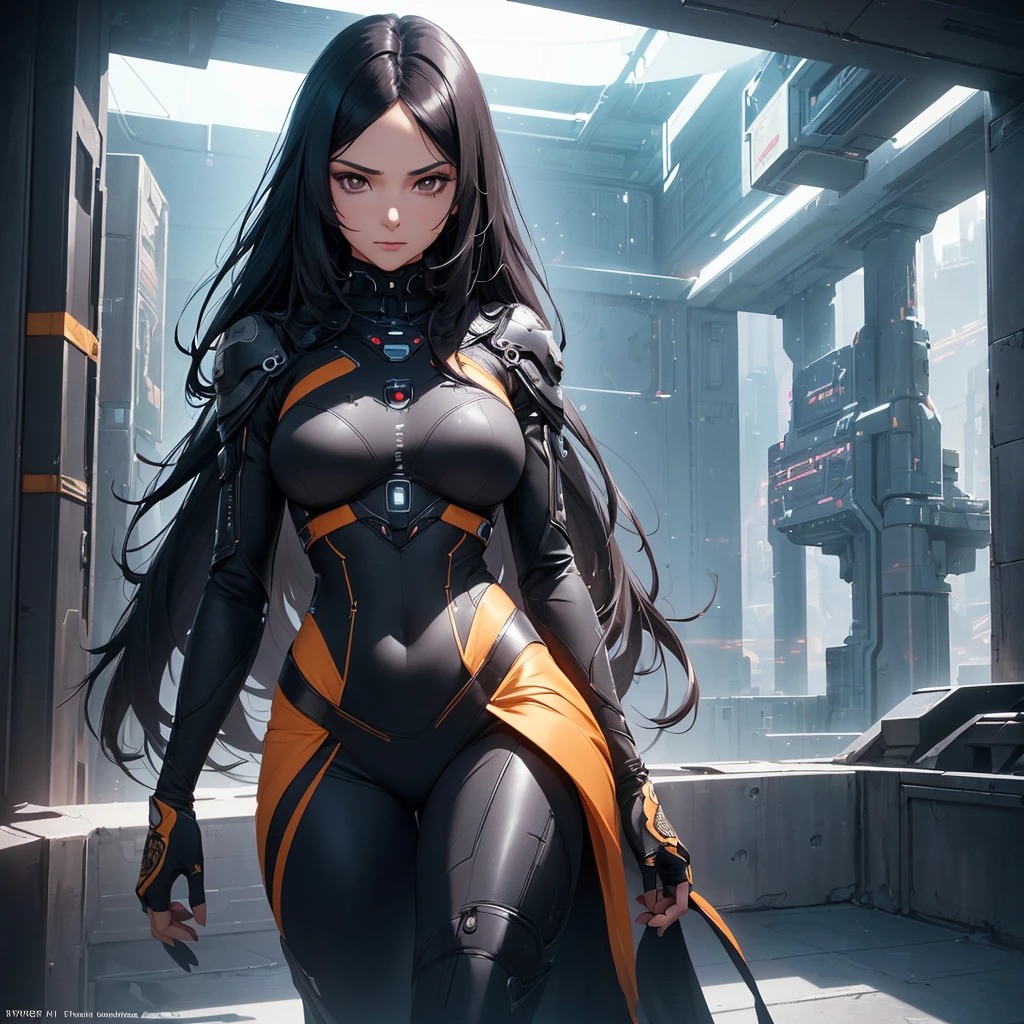 a beautiful woman with long black hair, brown eyes, a mocking expression, wearing futuristic clothes, in a futuristic setting, (best quality,4k,8k,highres,masterpiece:1.2),ultra-detailed,(realistic,photorealistic,photo-realistic:1.37),intricate details, cinematic lighting, vibrant colors, dramatic composition, concept art style