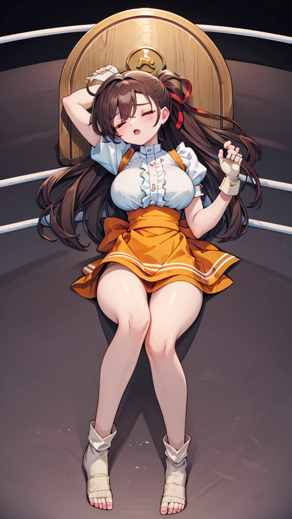 Highest quality，masterpiece，Lying down，sleep，(Lower your hands，レスリングのリングにLying down, WWE Divas，Wrestling Arena，Wrestling ring background, Boxing ring background), 仰向けにsleep, Lack of stamina, Ryona, Hitting a girl, death is near，タケユカ 超ロングヘア ヘアribbon, Frilled shirt, Underbust, ribbon, Fingerless gloves, White gloves, Waist apron, Orange Skirt, socks, Toeless legwear，winner, Nice, winner, (Moaning , Open your mouth), ((, 仰向けにsleep, 地面にsleep, lose consciousness, Unconscious, Lower your hands，)), , ( Tilt your head),