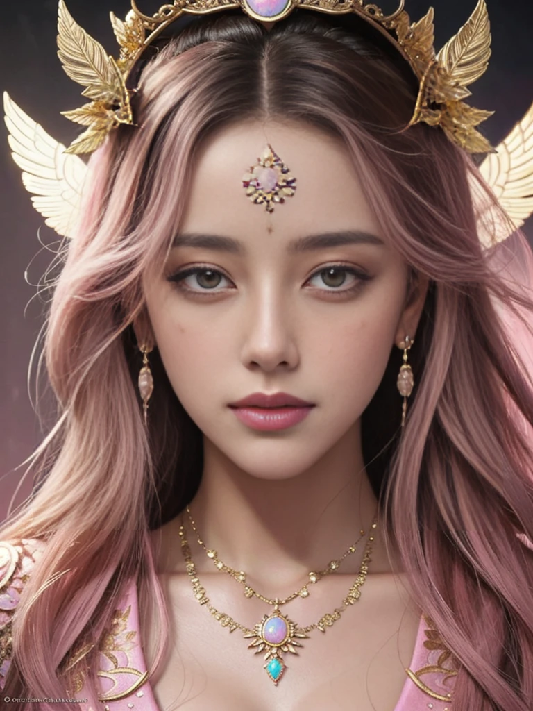 (Symmetry: 1.1) (Floral Portrait: 1.05) AMBER HEARD as a Beautiful Goddess, (Assassin's Creed Style: 0.8), pink and gold and opal color scheme, beautiful elaborate file grid face paint, intricate and elegant, very elaborate, detailed, digital painting, art station, concept art, smooth, sharp focus, illustration, Art by Greg Rutkowski and Alfoonski Quite a lot, 8K. Pleated skirt. Miniskirt.