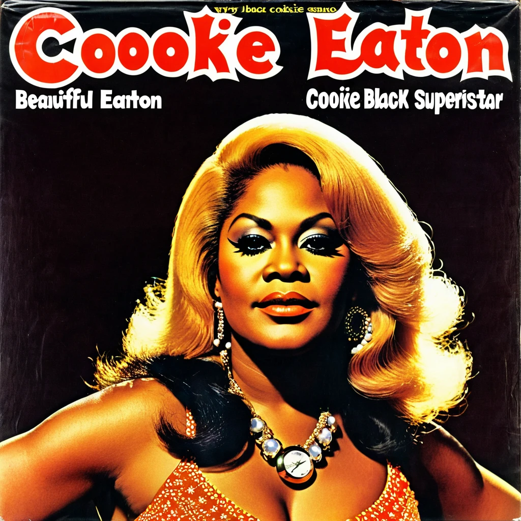 create a 1970s style vinyl album cover for beautiful black female r&b superstar Cookie Eaton. Text on image should read "Cookie Eaton" and "Clock Out".