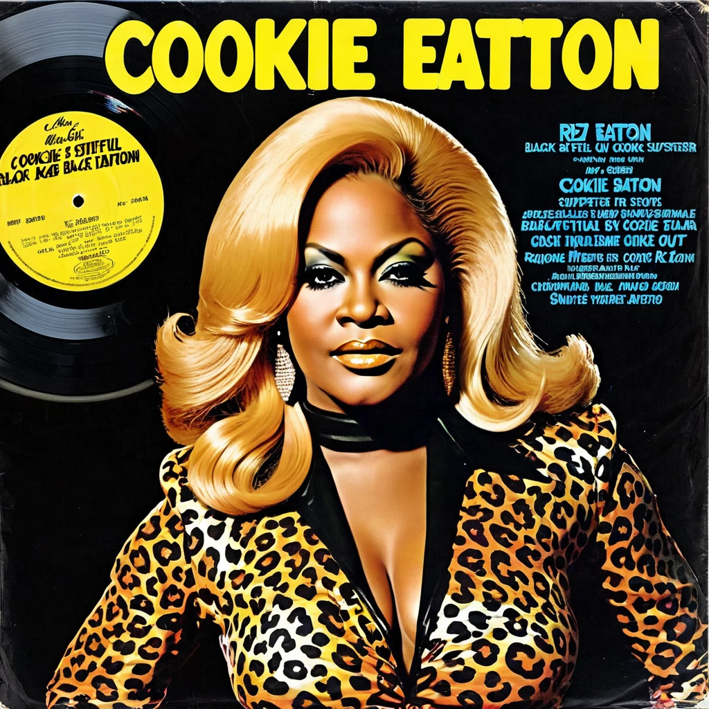 create a 1970s style vinyl album cover for beautiful black female r&b superstar Cookie Eaton. Text on image should read "Cookie Eaton" and "Clock Out".