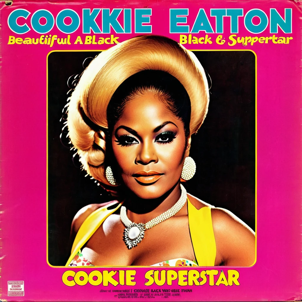 create a 1970s style vinyl album cover for beautiful black female r&b superstar Cookie Eaton. Text on image should read "Cookie Eaton" and "Clock Out".