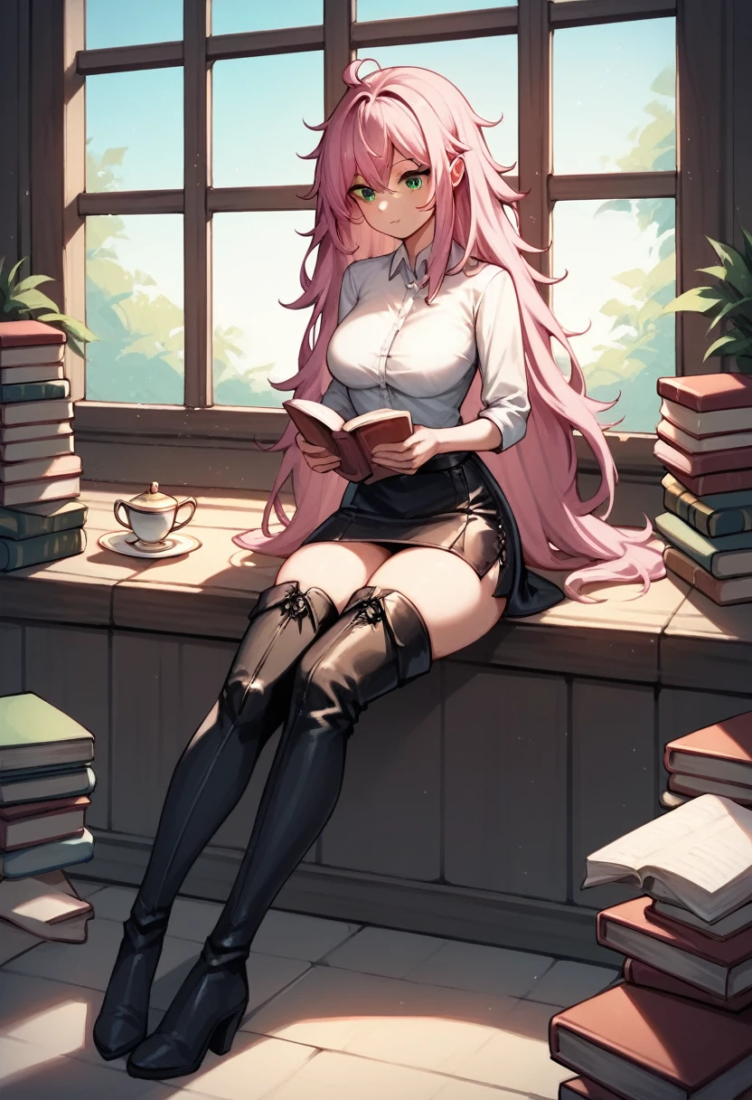 score_9, score_8_up, score_7_up, score_6_up, score_5_up, score_4_up, source_anime, 1girl, sit, pink hair, long hair, green eyes, reading books, sexy pose, messy hair, white shirt, leather skirts, thigh high boots, black boots, room, windows, tea, evening, best quality, best res, 4K UHD,
 