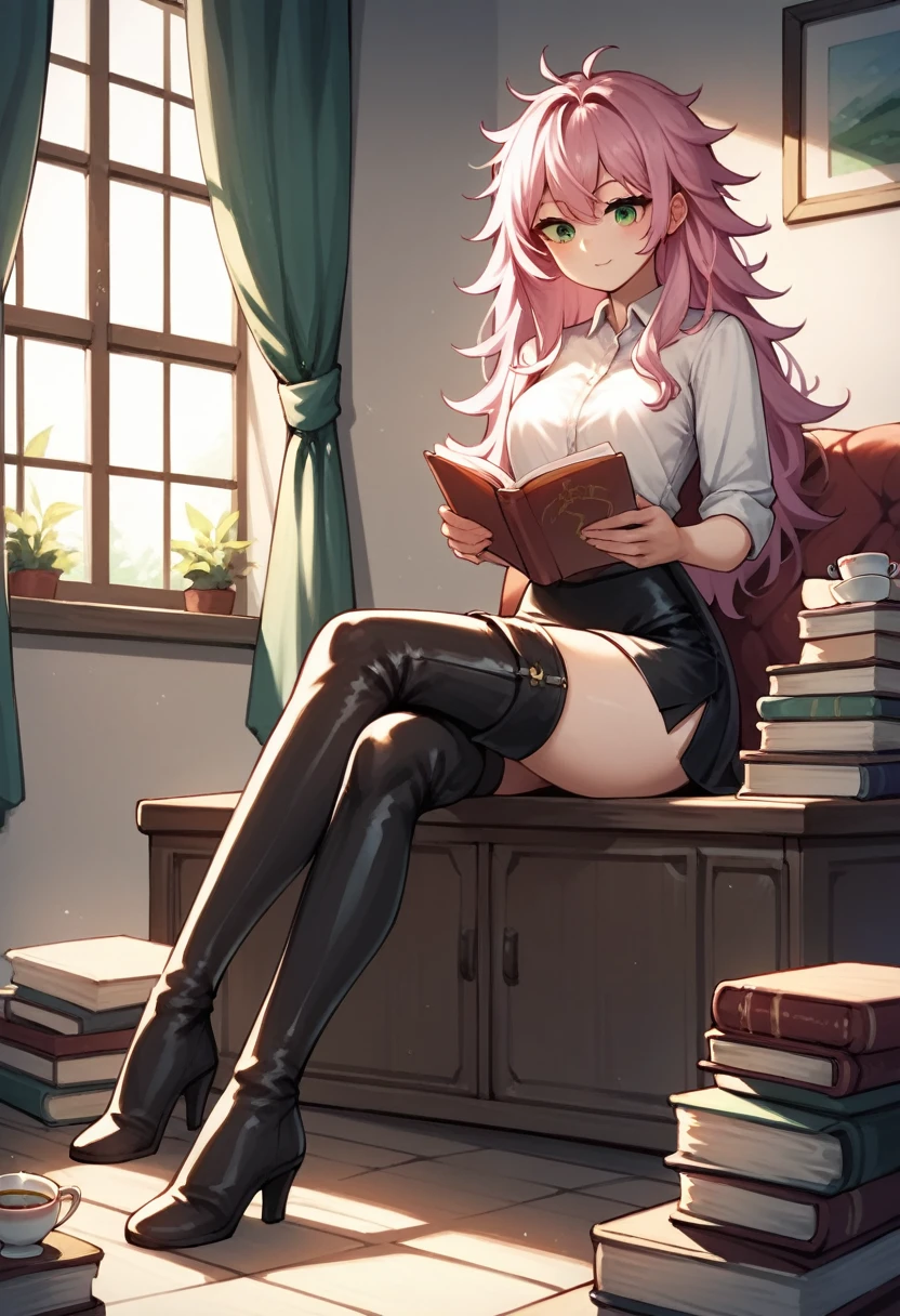 score_9, score_8_up, score_7_up, score_6_up, score_5_up, score_4_up, source_anime, 1girl, sit, pink hair, long hair, green eyes, reading books, sexy pose, messy hair, white shirt, leather skirts, thigh high boots, black boots, room, windows, tea, evening, best quality, best res, 4K UHD,