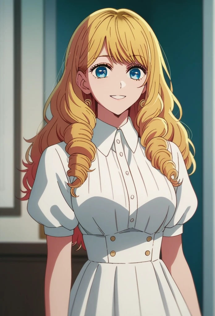 oshi_no_ko_style,blonde curls,sidecurls,fringe bangs,blue eyes,long eyelashes,cowboyshot,standing,,soft smile,long hair,masterpiece,highres,absurdres,white puffy short sleeves,collared dress,suspender dress,solo,