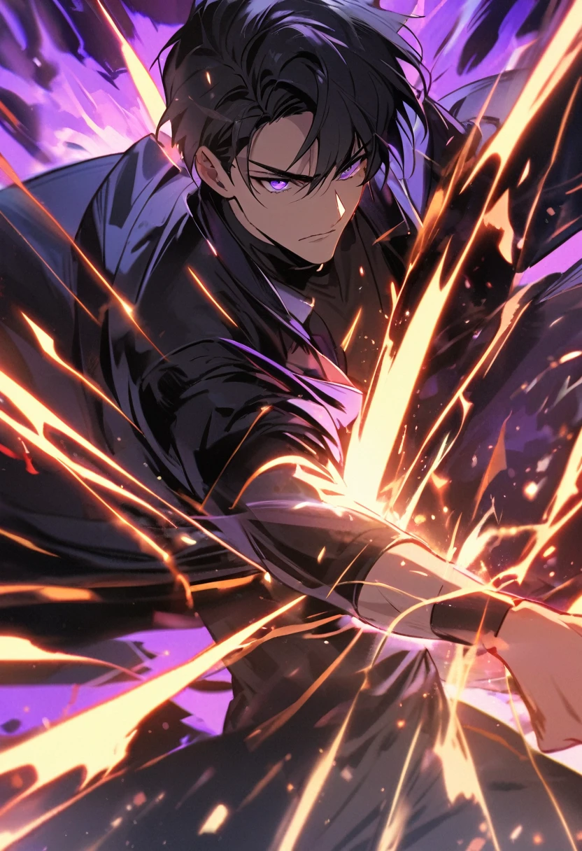 handsome, alone, 1 man, short hair, black hair, purple eyes, black shirt, black coat, Lots of power,fighting with sword