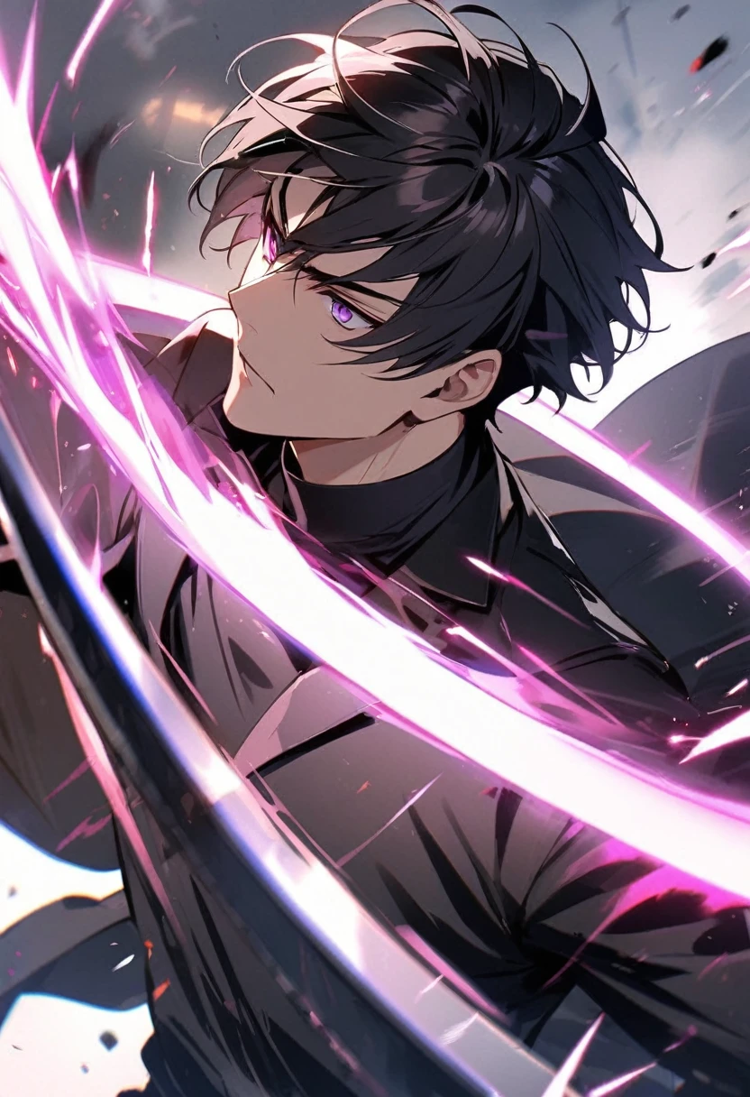 handsome, alone, 1 man, short hair, black hair, purple eyes, black shirt, black coat, Lots of power,fighting with sword