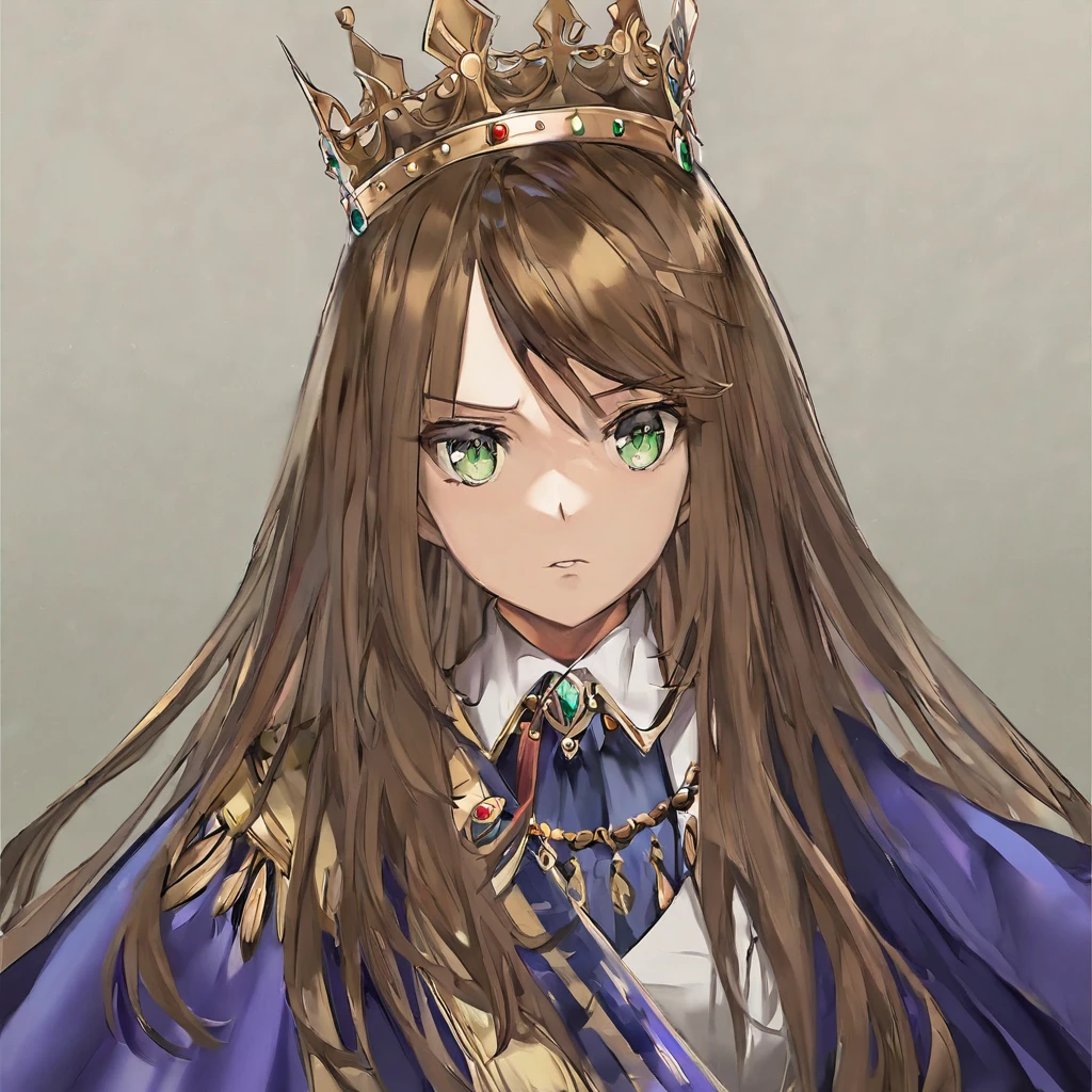 A woman with brown hair and green eyes wearing royal clothes along with a crown on her head with a serious expression 