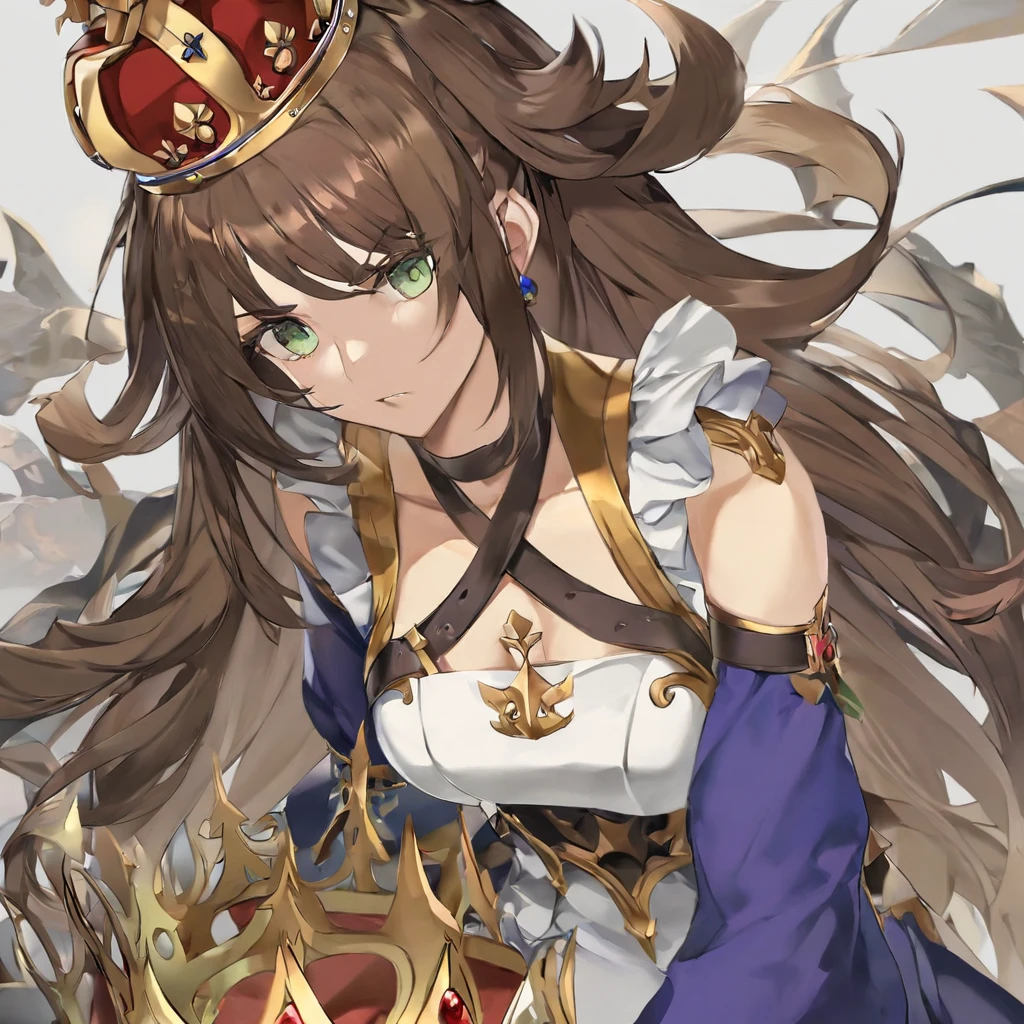 A woman with brown hair and green eyes wearing royal clothes along with a crown on her head with a serious expression