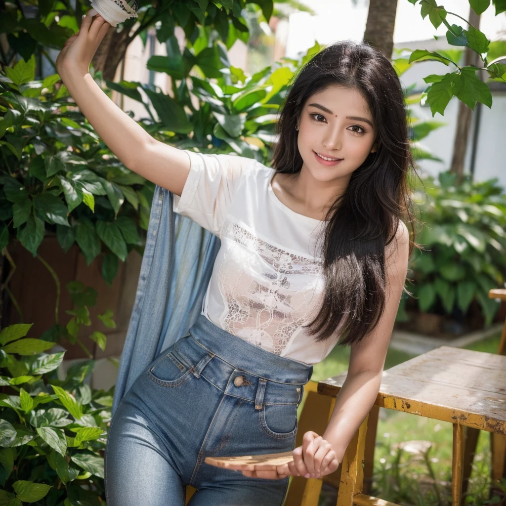 (best quality,hd quality,highres) (animated avatar of kerala girl:1.1,figure:1.1) A stunning animated avatar of her comes to life in high resolution. She has a captivating figure with graceful movements.
(outfit) She is dressed in a t shirt and gray color jeans, showcasing her unique style. The clothing is carefully designed with attention to detail, highlighting her individuality.
(lighting) The lighting in the scene is soft and warm, enhancing the overall atmosphere. It creates a gentle glow that illuminates her features, adding depth and dimension to the image.
(personality) Her personality shines through her expressive eyes and vibrant smile. She exudes confidence and charisma, making her presence captivating and enigmatic.
(dress) Her dress flows gracefully, accentuating her every move. The fabric has a beautiful texture, with intricate patterns and exquisite craftsmanship.
(photoshoot) The scene resembles a professional photoshoot, with a seamless backdrop and professional equipment. The focus is on capturing her beauty and charm.
(vivid colors) The colors in the image are vibrant and rich, adding vibrancy and liveliness to the overall composition. They create a visual feast for the eyes, showcasing the dynamic nature of her character.
(bokeh) The background has a beautiful bokeh effect, with softly blurred lights that add a dreamy and enchanting atmosphere to the image.
(portraits) The image is created in the style of portraits, emphasizing the subject and capturing their essence in a timeless manner.