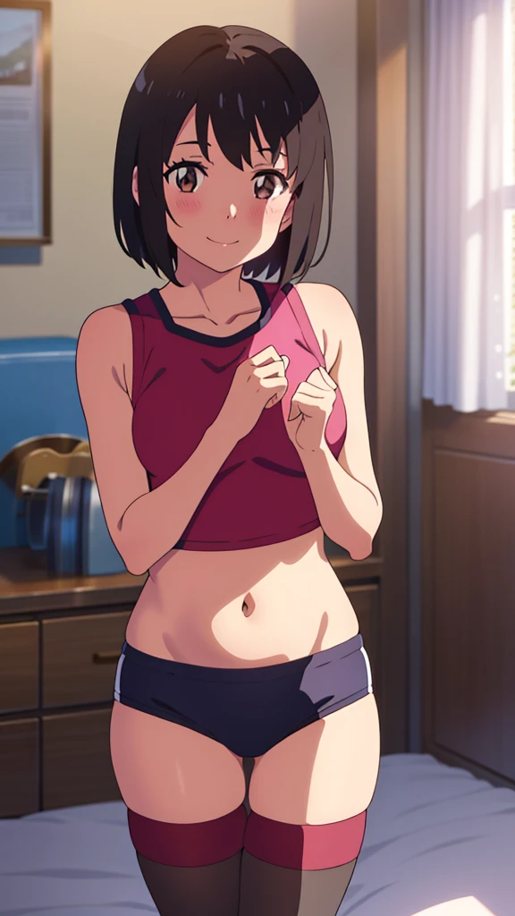 shinkai makoto, kimi no na wa., 1girl, bangs, black hair, blush, brown eyes, looking at the viewer, gym uniform, crop top, buruma, exposed navel, bare shoulders, short hair, solo, indoors, bedroom, shinny skin, smile, cute, thighhighs, (masterpiece), best quality