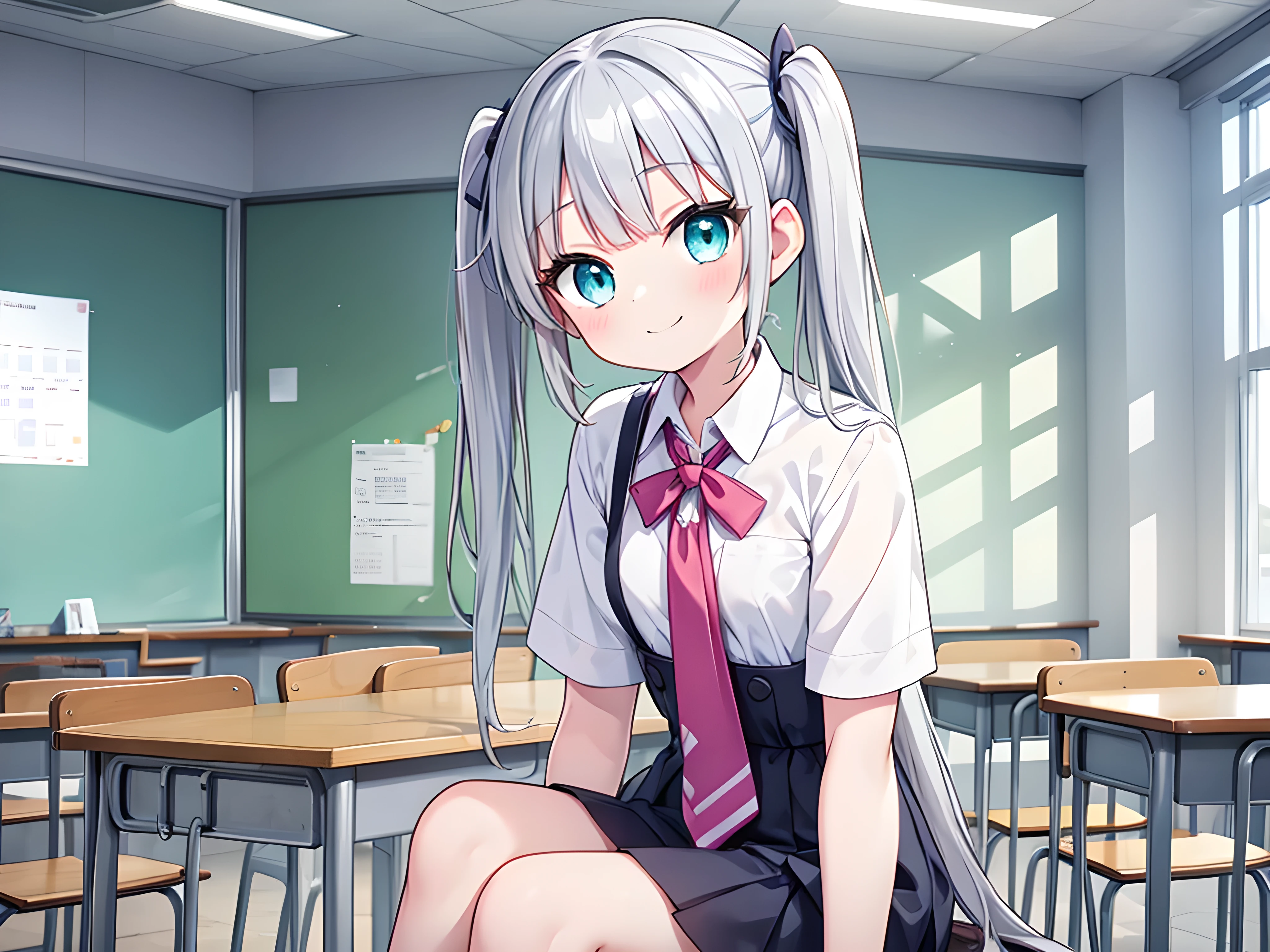 ((masterpiece)),(sitting),(small breasts),glistening skin,upper body BREAK 1 girl,(silver hair), twin tails,aqua eyes,,smile,school,messy classroom,、Half-dressed