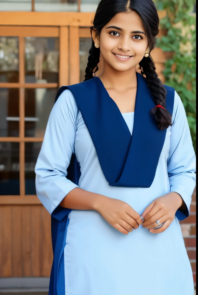 Raw photo , 1 girl ,Wearing salwar kameez uniform, teen school girl, with plait , professional photographer, (hdr:1.4), masterpiece, ultra-realistic 8k, perfect artwork, intrincate details, cute face, award winning photograph, (Best quality, 8k, 32k, Masterpiece, UHD:1.3)