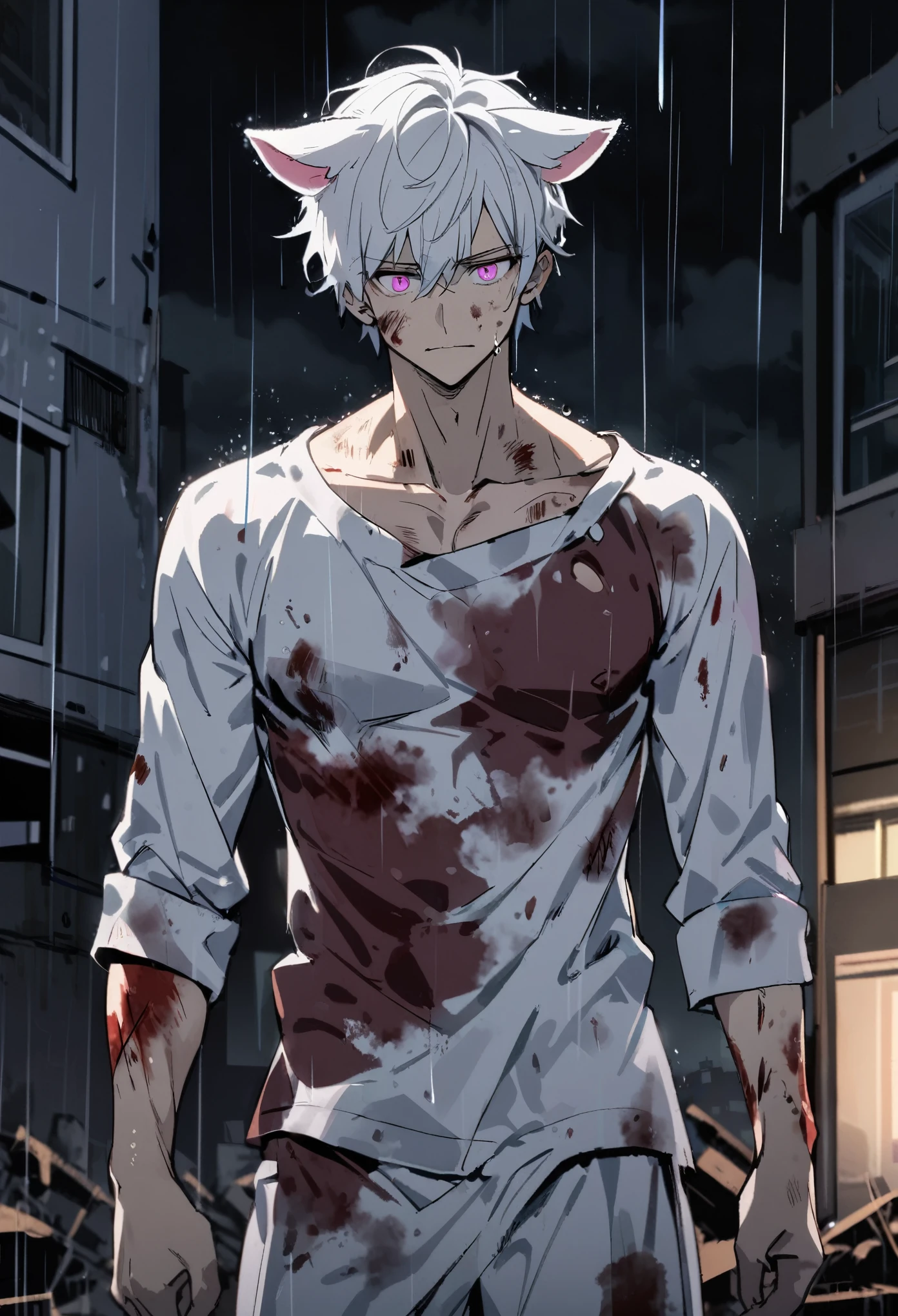 1 men, short white hair, pink eyes, Kitten ears, hospital clothes, slightly muscular body, at night, raining, front view, Top of a destroyed building, bruised and bloody body, no facial expression, front view