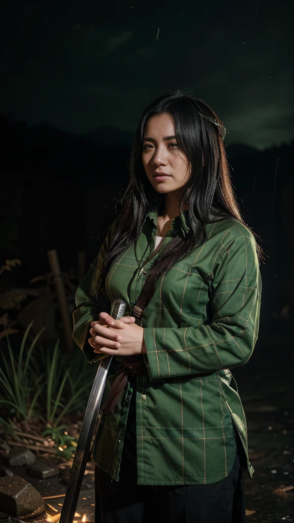 "Kamado Tanjiro from Demon Slayer, heavy rain, crying, gazing at the sky, wearing a green plaid shirt, holding a katana."