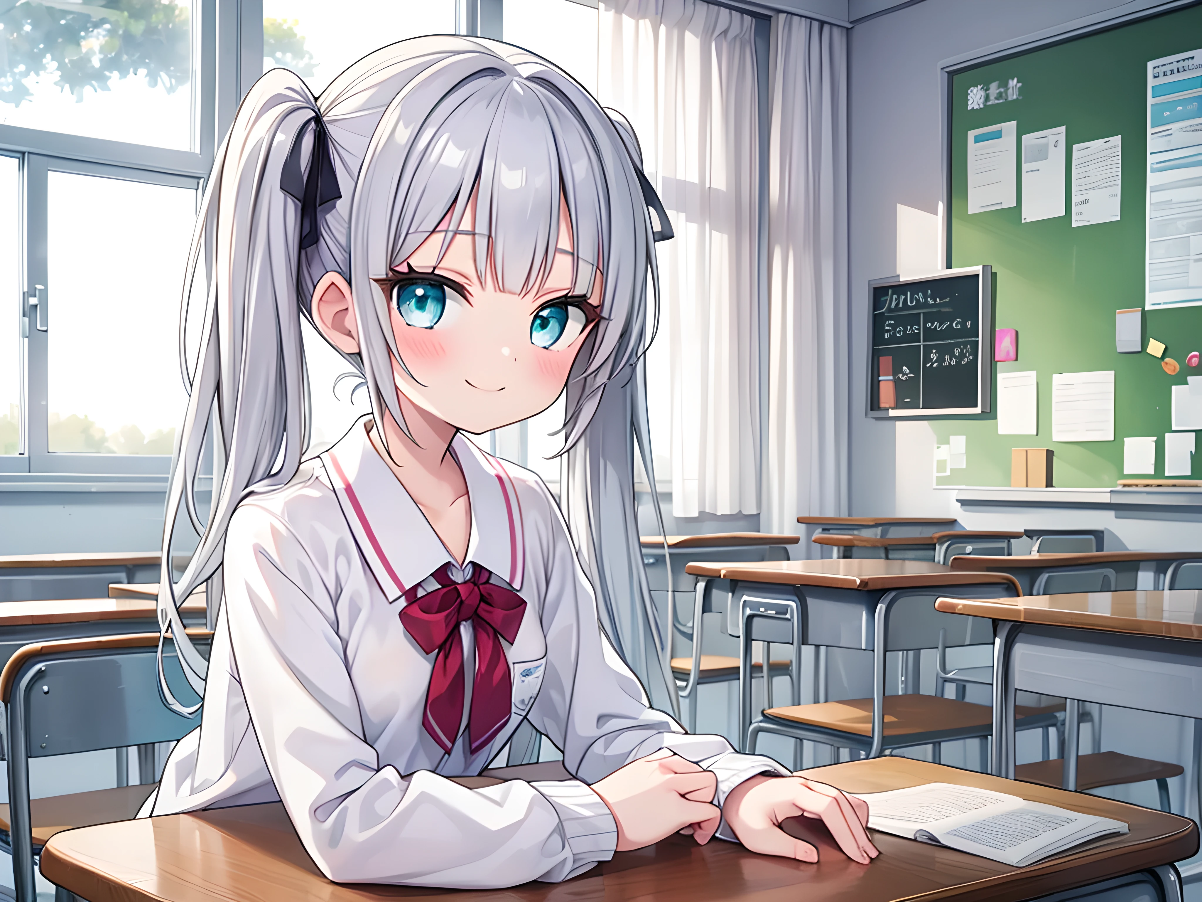 ((masterpiece)),(sitting),(small breasts),glistening skin,upper body BREAK 1 girl,(silver hair), twin tails,aqua eyes,,smile,school,messy classroom,、Half-dressed