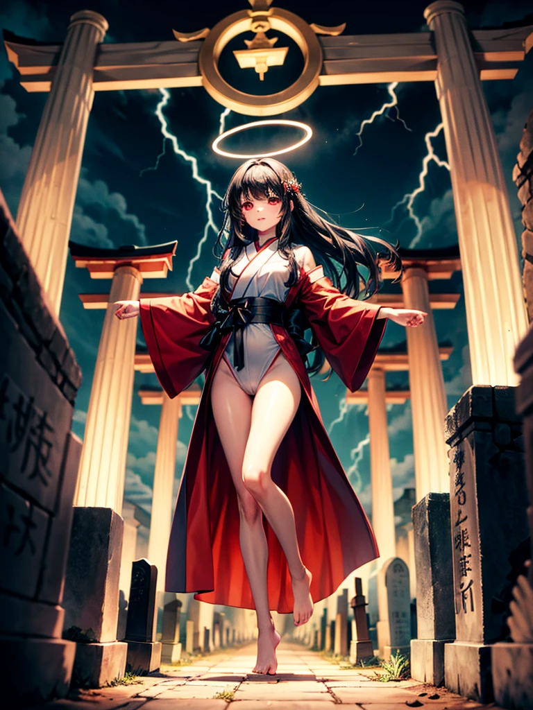 Highest Resolution,Highest quality,A beautiful girl with no expression in a white kimono leotard,Black eyeliner,Black eyebrows,High leg,Floating in the air,Very beautiful red eyes,Black hair semi-long hair,Halo,thunderstorm,Bad weather,Japanese Cemeteries,A road lined with gravestones,１Two Red Torii Gates,Company,Bamboo grove,lightning,Lightning strikes,whole body,up,front,barefoot,barefoot,