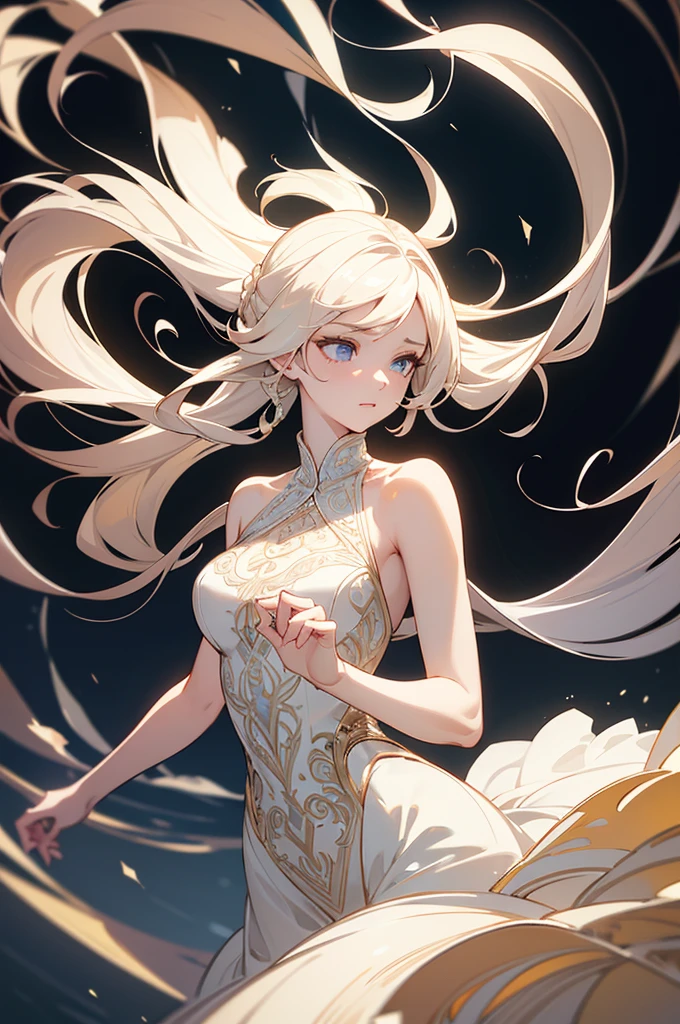 1 beautiful sexy woman,floating midair,curled up pose,detailed face and body,porcelain skin,flowing long hair,intricate detailed dress,dramatic lighting,cinematic composition,fantasy,digital art,award winning,highly detailed,photorealistic,8k,masterpiece