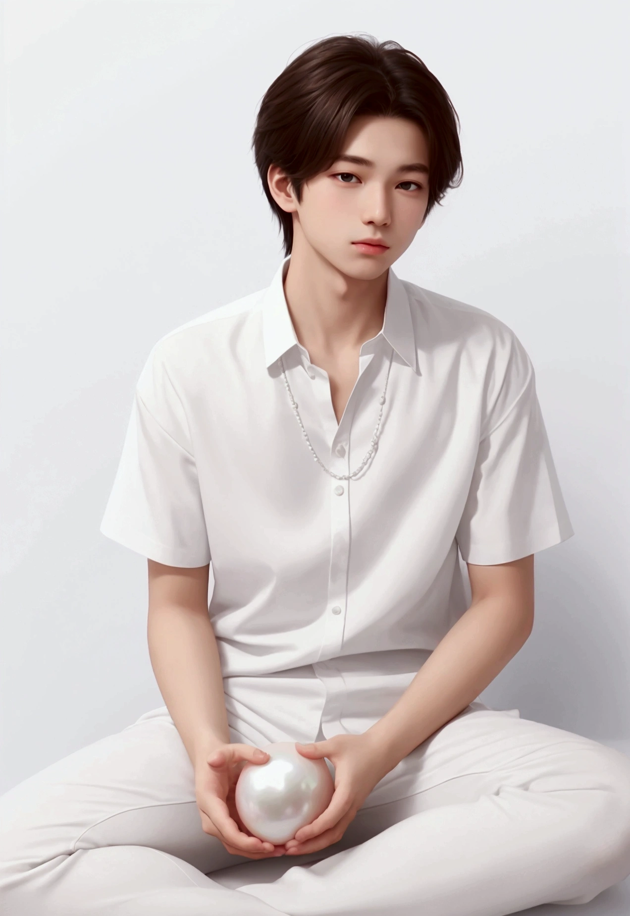 Simple white background, a male teenager, man,wearing a white shirt, sitting on a huge pearl, a huge white pearl. meticulous design —ar 3:4 —niji 6