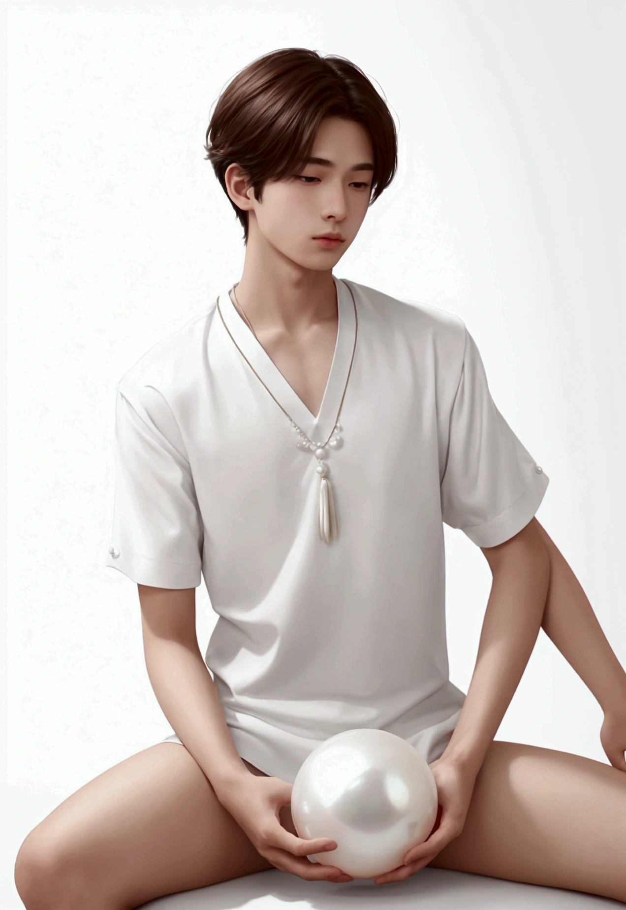 Simple white background, a male ager, man,wearing a white shirt, sitting on a huge pearl, a huge white pearl. meticulous design —ar 3:4 —niji 6