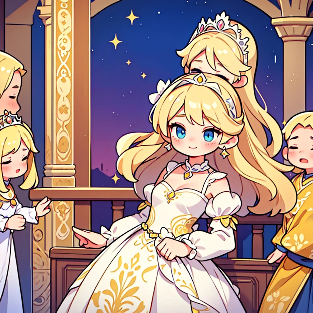 The image shows a princess wearing an elegant and delicate dress, adorned with subtle floral patterns. Her blond hair falls softly over her shoulders, adorned with a sparkling tiara. She has a kind smile and expressive eyes, conveying calm and confidence. Ao fundo, a medieval castle creates a fairytale setting, complementing the princess&#39;s majestic aura.