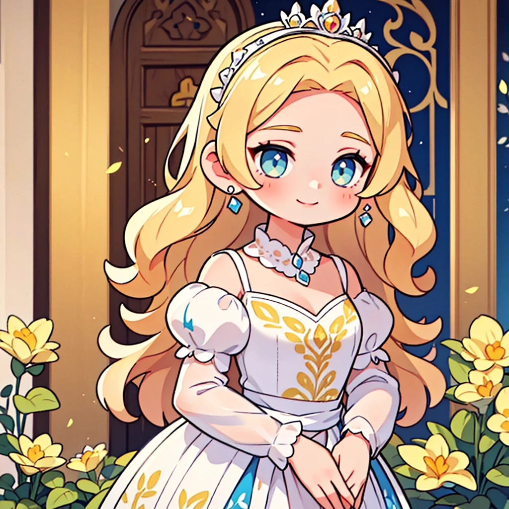 The image shows a princess wearing an elegant and delicate dress, adorned with subtle floral patterns. Her blond hair falls softly over her shoulders, adorned with a sparkling tiara. She has a kind smile and expressive eyes, conveying calm and confidence. Ao fundo, a medieval castle creates a fairytale setting, complementing the princess&#39;s majestic aura.