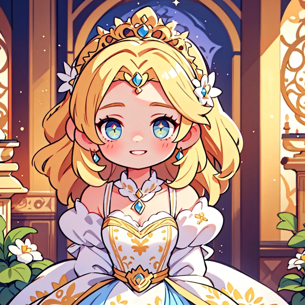The image shows a princess wearing an elegant and delicate dress, adorned with subtle floral patterns. Her blond hair falls softly over her shoulders, adorned with a sparkling tiara. She has a kind smile and expressive eyes, conveying calm and confidence. Ao fundo, a medieval castle creates a fairytale setting, complementing the princess&#39;s majestic aura.