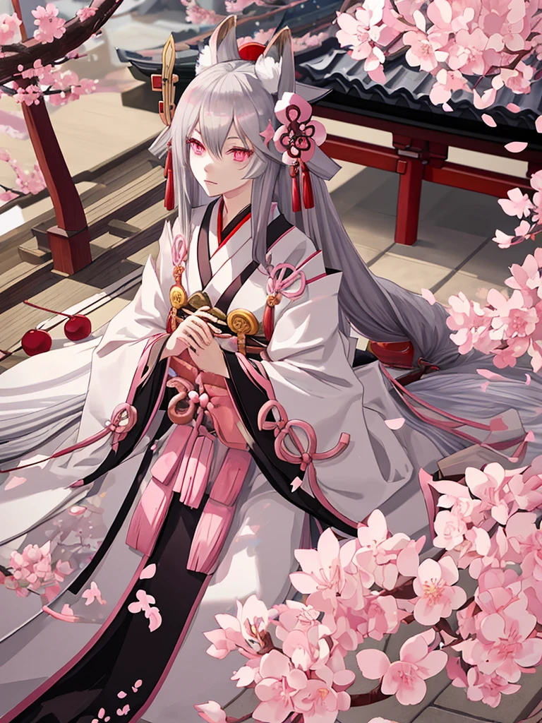 fox ears,gray hair,medium long hair
,pink eyes,Onmyoji,draw a sword
,cherry blossoms,Shinto shrine
