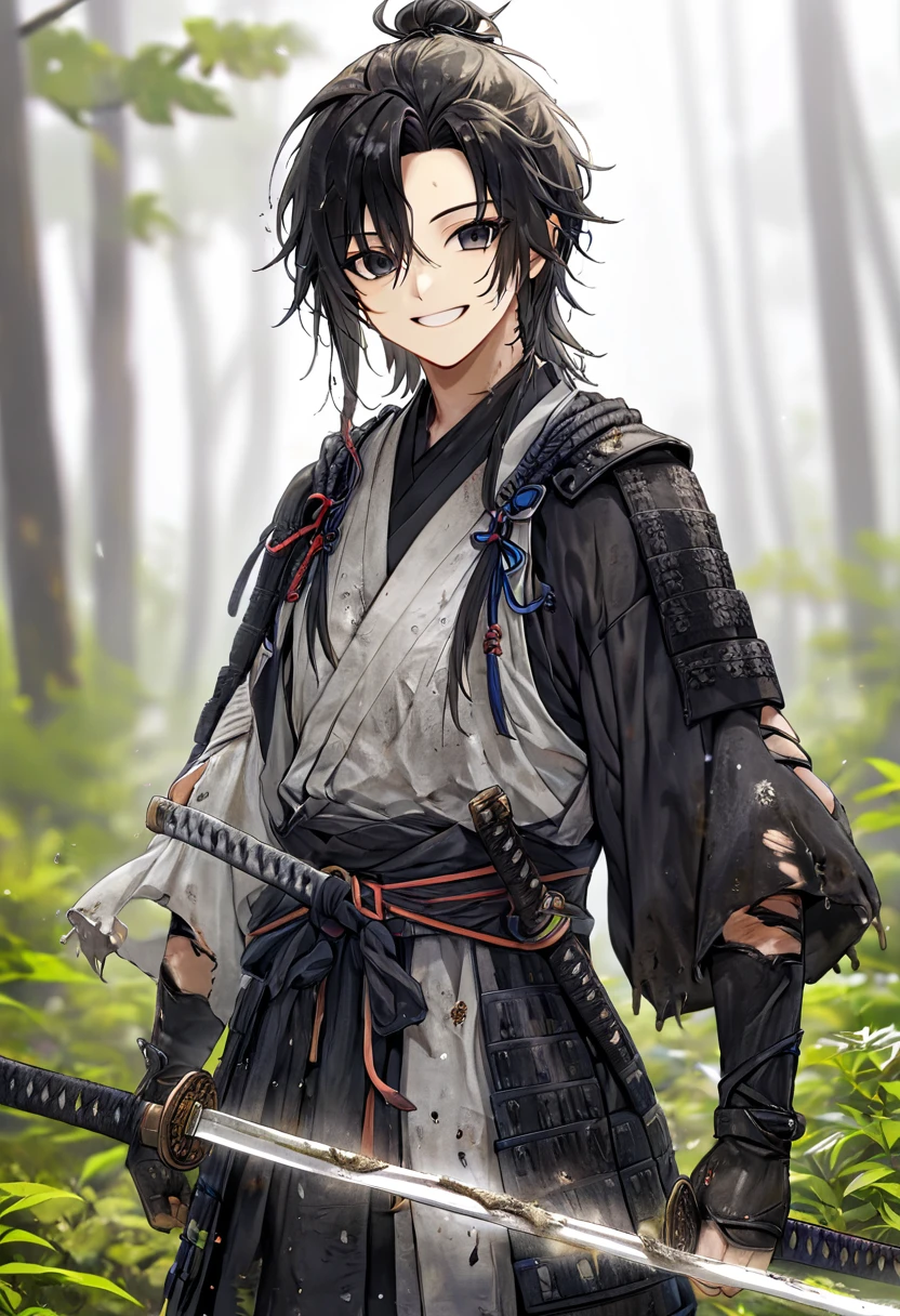 Ronin, Dirty, Boy, Two sword, black eyes, black samurai long unkempt hair, ragged body, gray- white Torn clothes, Smile, nature background.