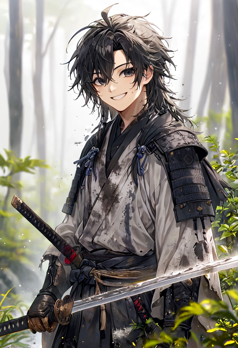Ronin, Dirty, Boy, Two sword, black eyes, black samurai long unkempt hair, ragged body, gray- white Torn clothes, Smile, nature background.