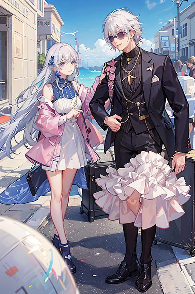 Adult male,Off-white hair,Eyes as blue as the sky,Pink sunglasses,Pink suit,Gold round earrings,Host,Smile