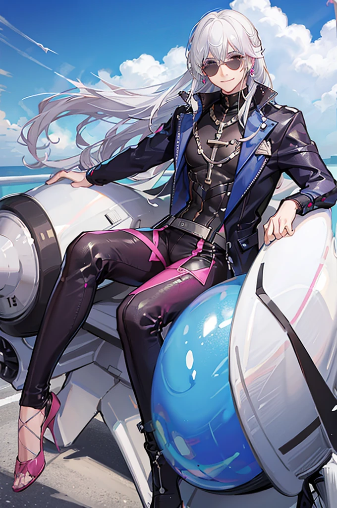 Adult male,Off-white hair,Eyes as blue as the sky,Pink sunglasses,Pink suit,Gold round earrings,Host,Smile